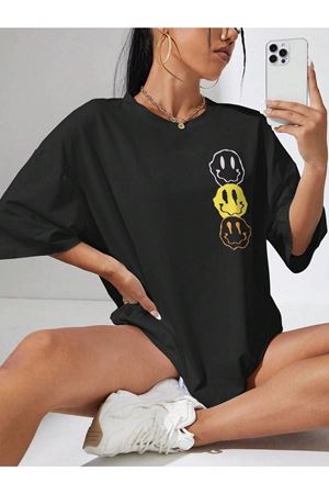 Emoji T-Shirt - Siyah Baskılı Oversize Bisiklet Yaka Kısa Kol