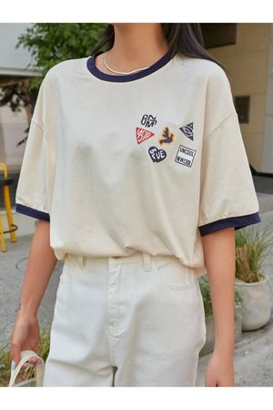 Uncool Bej Gövde Lacivert Biyeli T-shirt - Oversize Bisiklet Yaka Kısa Kol Tişört