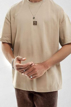 Free Life Oversize Bej Baskılı T-shirt - Bisiklet Yaka Kısa Kol Rahat Kalıp Tişört