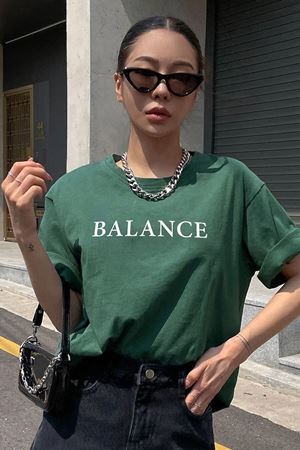 Balance Yazılı T-shirt - Yeşil Baskılı Oversize Bisiklet Yaka Kısa Kol Tişört