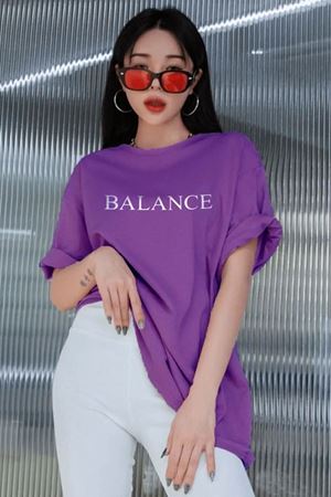 Balance Yazılı T-shirt - Mor Baskılı Oversize Bisiklet Yaka Kısa Kol Tişört