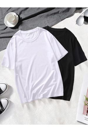 Basic Düz 2'li Çoklu Kombin T-shirt - Siyah Beyaz Oversize Bisiklet Yaka