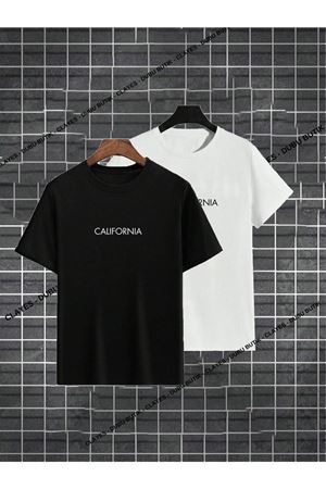 2'li California T-shirt - Siyah Beyaz Baskılı Oversize Bisiklet Yaka Kısa Kol Tişört