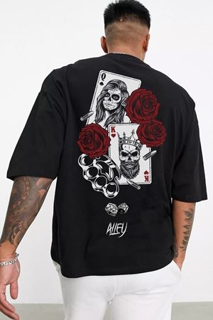 Card T-shirt - Siyah Baskılı Oversize Bisiklet Yaka Kısa Kol Tişört