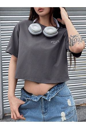 Modern Universal Crop - Füme Baskılı Oversize Bisiklet Yaka