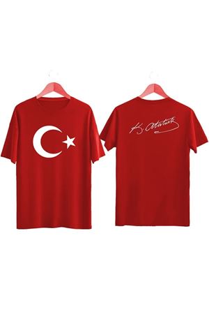 Türk Bayrağı Atatürk İmzalı Çocuk T-Shirt - Kırmızı Ön Arka Baskılı Kız Erkek Çocuk Tişört