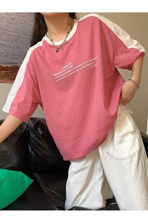 Leisure Future Parçalı Süprem T-Shirt - Pembe Beyaz Oversize Bisiklet Yaka Kısa Kol Tişört