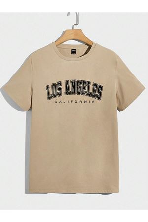 Los Angeles Yazılı T-shirt - Vizon Baskılı Oversize Bisiklet Yaka Kısa Kol Tişört