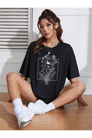 Floral Desen T-shirt - Siyah Baskılı Oversize Bisiklet Yaka Kısa Kol Tişört