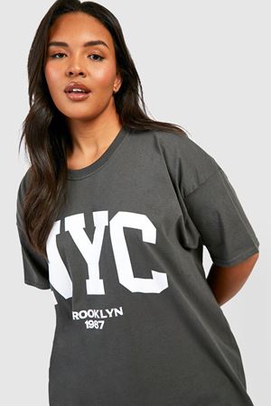 Füme Oversize Nyc T-shirt - Oversize Baskılı