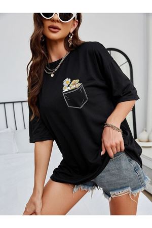 Cep Detay Baskılı T-Shirt - Siyah Oversize Bisiklet Yaka Kısa Kol