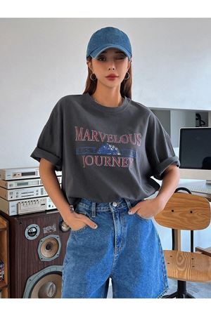 Füme Oversize Marvelous T-shirt - Oversize Baskılı