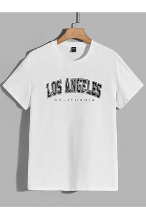 Los Angeles Yazılı T-shirt - Beyaz Baskılı Oversize Bisiklet Yaka Kısa Kol Tişört