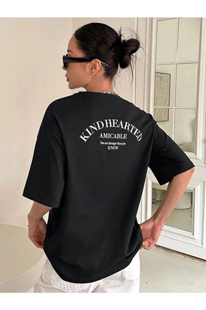 Kind Hearted - Siyah Baskılı Oversize Bisiklet Yaka Kısa Kol Tişört