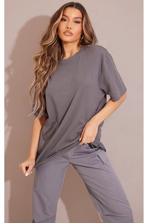 Düz Süprem T-Shirt - Füme Oversize Bisiklet Yaka Kısa Kol Tişört