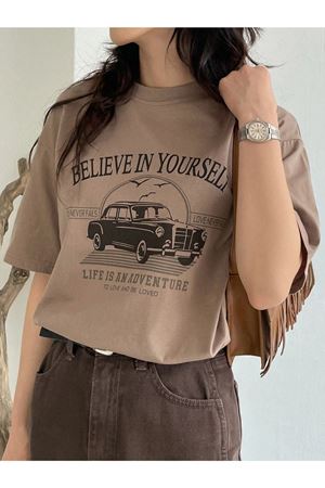Believe In Yourself T-shirt - Vizon Baskılı Oversize Bisiklet Yaka Kısa Kol Tişört
