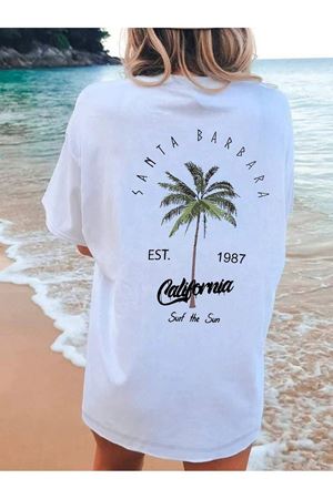 California 1987 Süprem T-shirt Sırt Baskılı - Beyaz Baskılı Oversize Bisiklet Yaka Kısa Kol Tişört