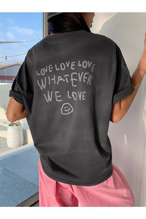 Füme Oversize Love T-shirt - Oversize Baskılı