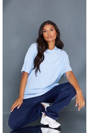 Düz Süprem T-Shirt - Bebe Mavisi Oversize Bisiklet Yaka Kısa Kol Tişört