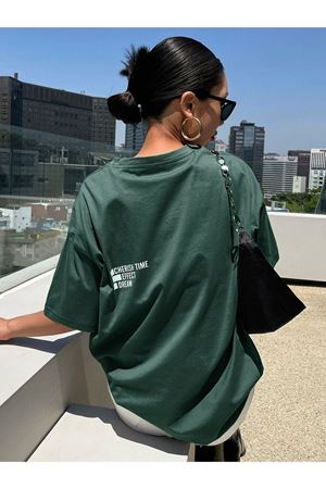 Cheerish Effect T-shirt - Yeşil Oversize Baskılı Bisiklet Yaka
