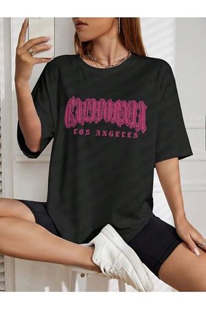 California Letter T-Shirt - Siyah Baskılı Oversize Bisiklet Yaka Kısa Kol Tişört
