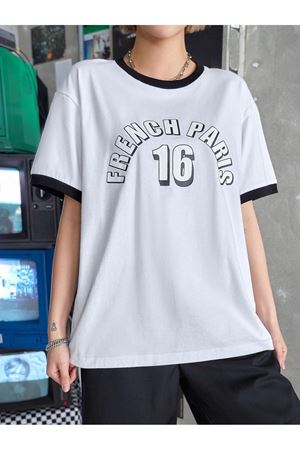 French Paris Parçalı Süprem T-Shirt - Beyaz Oversize Bisiklet Yaka Kısa Kol Tişört