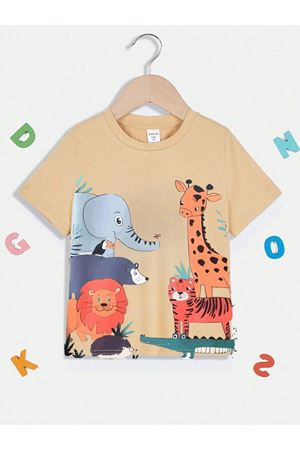 Hayvanlar Pamuklu Çocuk T-Shirt- Bej Baskılı Kız Erkek Çocuk Yazlık Bisiklet Yaka Tişört