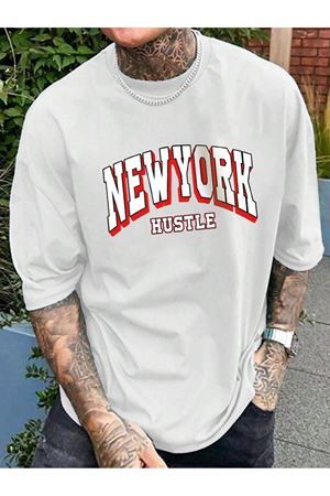 Newyork Hustle Süprem T-Shirt - Beyaz Baskılı Oversize Bisiklet Yaka Kısa Kol Tişört