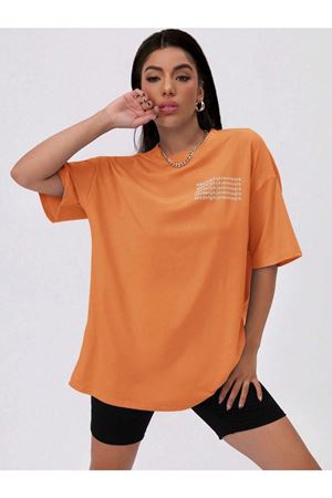 Alfabe T-Shirt - Turuncu Baskılı Oversize Bisiklet Yaka Kısa Kol