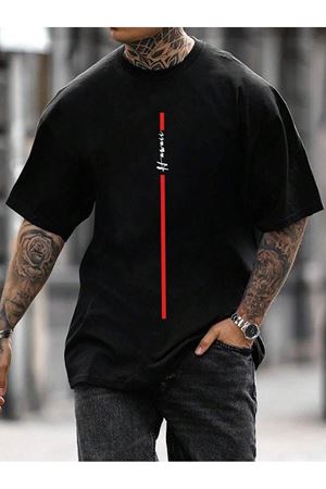 Dikey Yazılı Süprem T-Shirt - Siyah Baskılı Oversize Bisiklet Yaka Kısa Kol Tişört