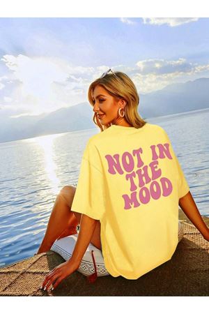 Not Mood Süprem T-Shirt - Sarı Baskılı Oversize Bisiklet Yaka Kısa Kol Tişört