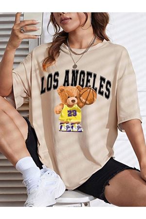 Basketball Bear T-Shirt - Bej Baskılı Oversize Bisiklet Yaka Kısa Kol