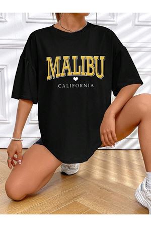 Malibu Kalp T-Shirt - Siyah Baskılı Oversize Bisiklet Yaka Kısa Kol