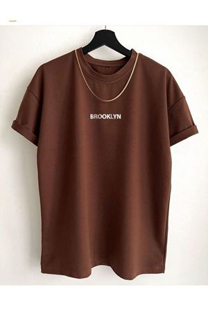 Brooklyn Minimal Yazı T-Shirt - Kahverengi Baskılı Oversize Bisiklet Yaka Kısa Kol