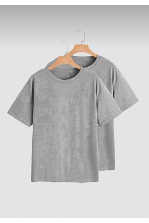 Basic Düz 2'li Çoklu Kombin T-shirt - Gri Oversize Bisiklet Yaka