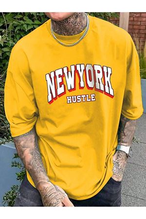 Newyork Hustle Süprem T-Shirt - Sarı Baskılı Oversize Bisiklet Yaka Kısa Kol Tişört