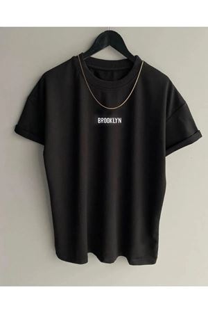 Brooklyn Minimal Yazı T-Shirt - Siyah Baskılı Oversize Bisiklet Yaka Kısa Kol