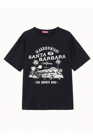 Santa Barbara T-Shirt - Siyah Baskılı Oversize Bisiklet Yaka Kısa Kol