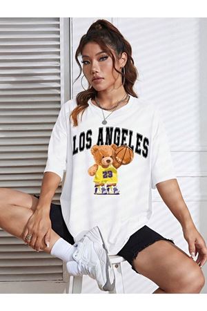 Basketball Bear T-Shirt - Beyaz Baskılı Oversize Bisiklet Yaka Kısa Kol