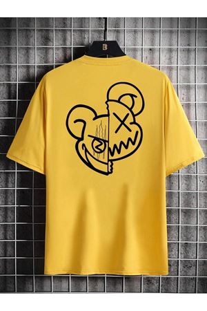 Çİft Yüz Desen Süprem T-Shirt - Sarı Baskılı Oversize Bisiklet Yaka Kısa Kol Tişört