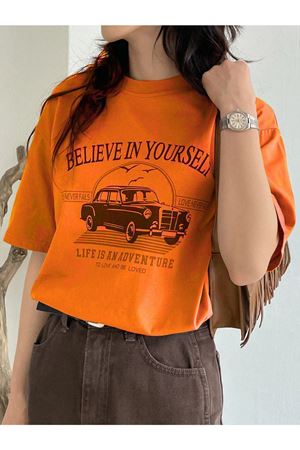 Believe In Yourself T-shirt - Turuncu Baskılı Oversize Bisiklet Yaka Kısa Kol Tişört