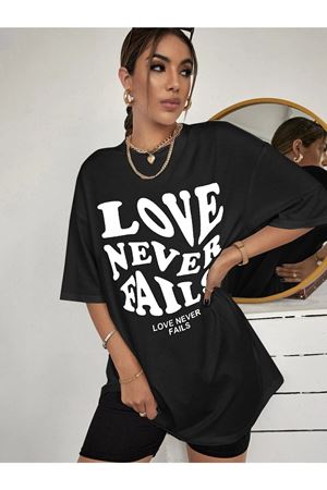 Love Neverfails T-shirt - Siyah Baskılı Oversize Bisiklet Yaka Kısa Kol Tişört