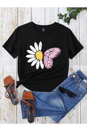 Papatya Kelebek T-shirt - Siyah Baskılı Oversize Bisiklet Yaka Kısa Kol Tişört