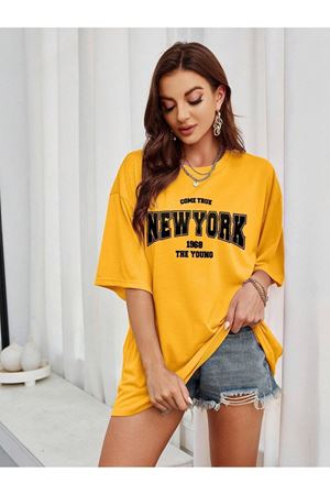 Newyork 1968 Young Süprem T-Shirt - Sarı Baskılı Oversize Bisiklet Yaka Kısa Kol Tişört