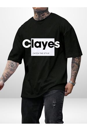 Catch The Style Oversize Siyah Baskılı T-shirt - Bisiklet Yaka Kısa Kol Rahat Kalıp Tişört