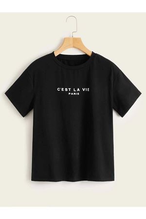 Cest La Vie Paris T-shirt - Siyah Baskılı Oversize Bisiklet Yaka