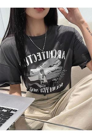 Architecture Süprem T-Shirt - Füme Baskılı Oversize Bisiklet Yaka Kısa Kol Tişört