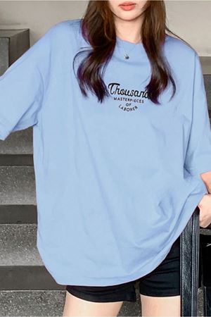 Thousand Süprem T-shirt - Bebe Mavi Baskılı Oversize Bisiklet Yaka Kısa Kol Tişört