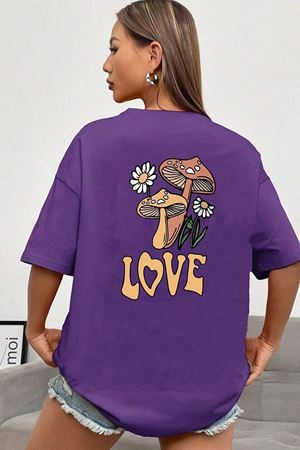 Love Çiçek T-shirt - Mor Baskılı Oversize Bisiklet Yaka Kısa Kol Tişört