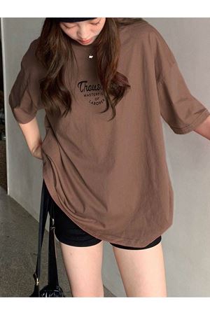 Thousand Süprem T-Shirt - Kahverengi Baskılı Oversize Bisiklet Yaka Kısa Kol Tişört